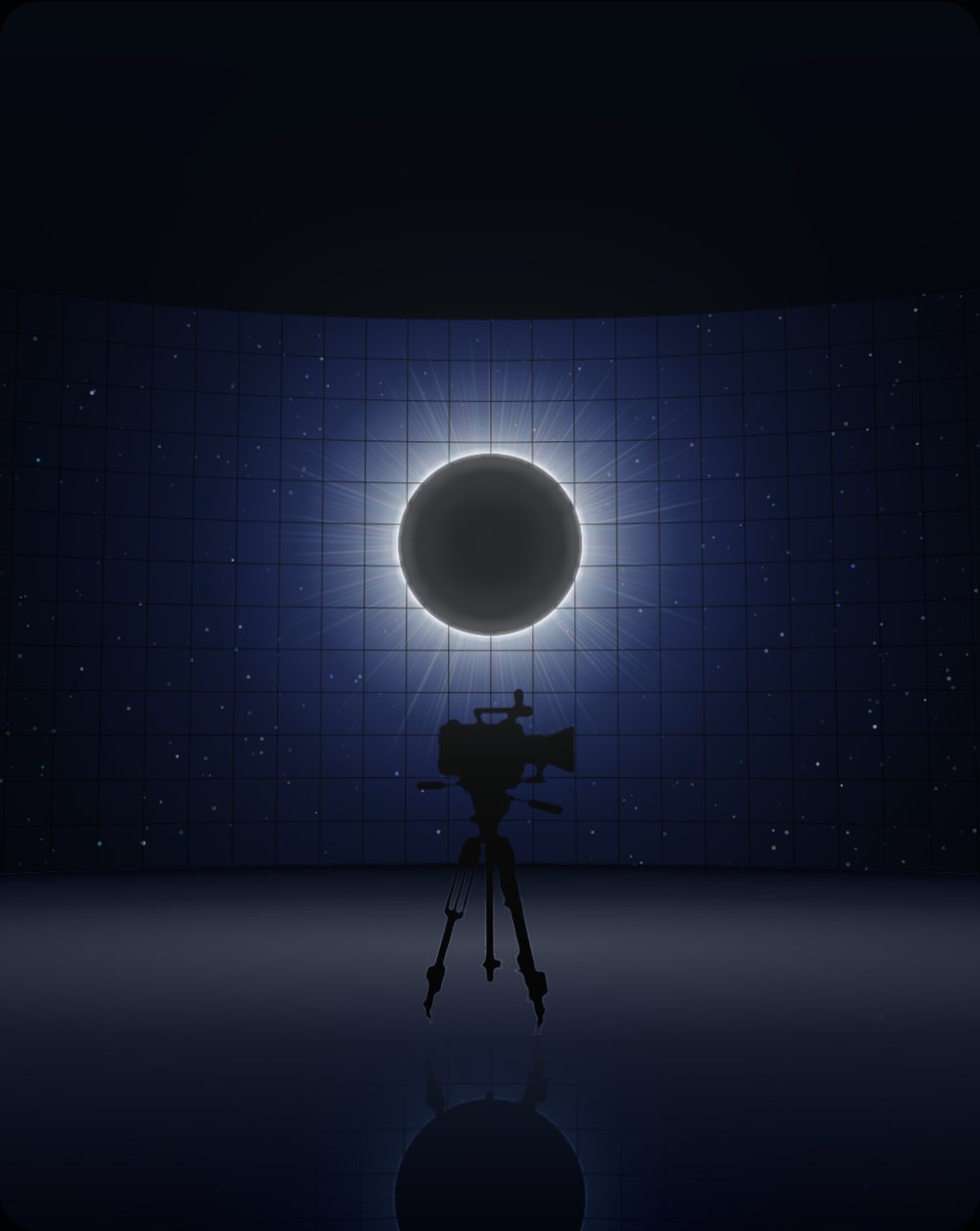 A camera on a tripod facing a curved screen showing an eclipse and stars